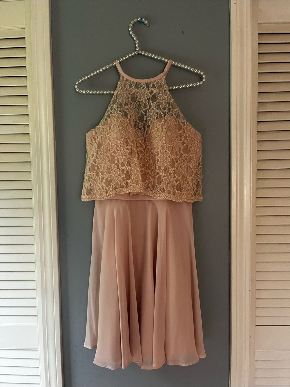 Lace Halter Midi Dress in Blush Pink